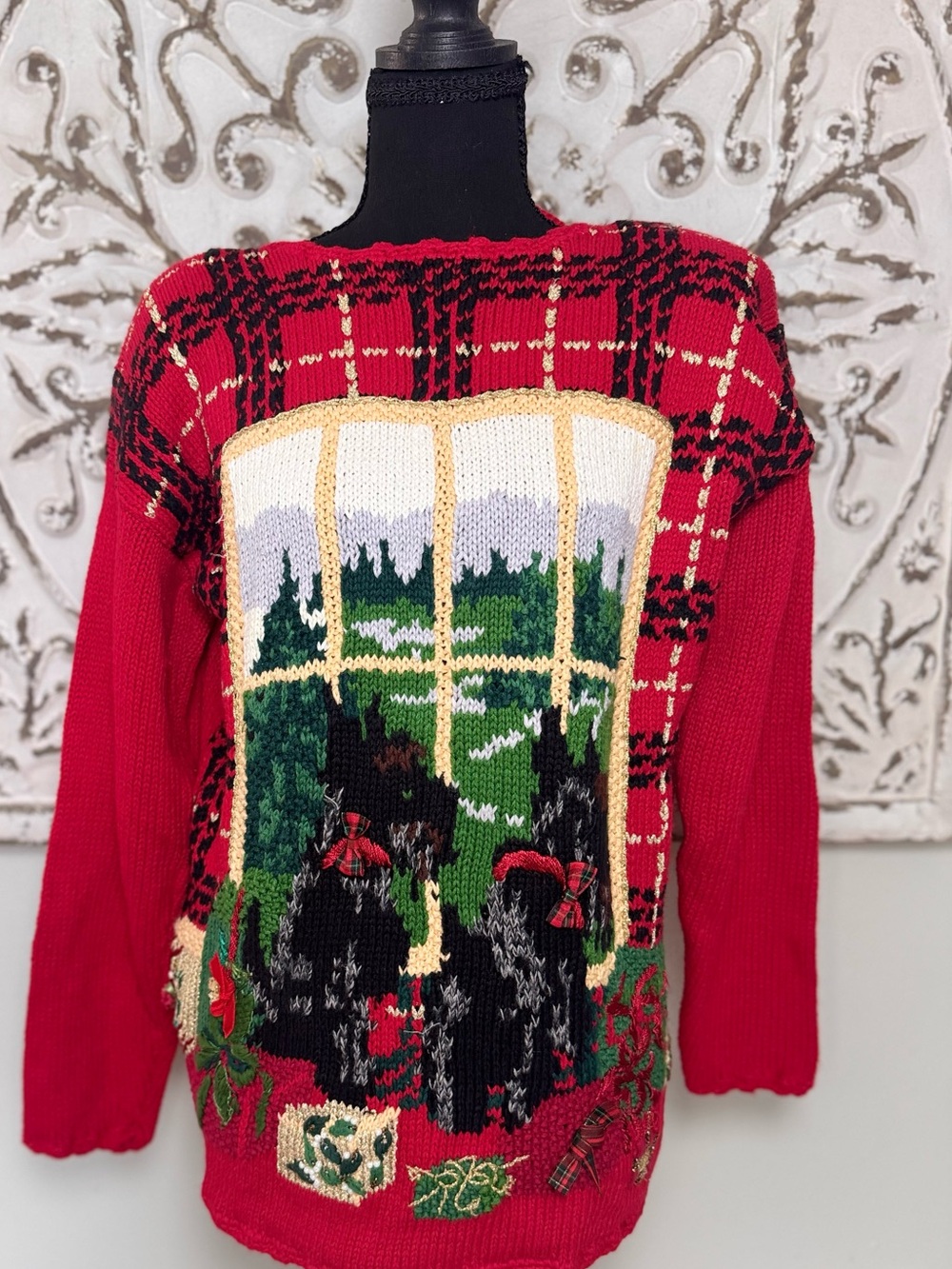 Vintage 1997 Heirloom Collectibles M Scottie Dog Christmas Sweater Red Plaid 3D